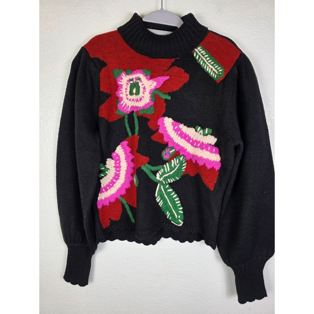 Farm Rio Bold Colorful Flower Knit Sweater Black Floral Mock Neck Womens S
